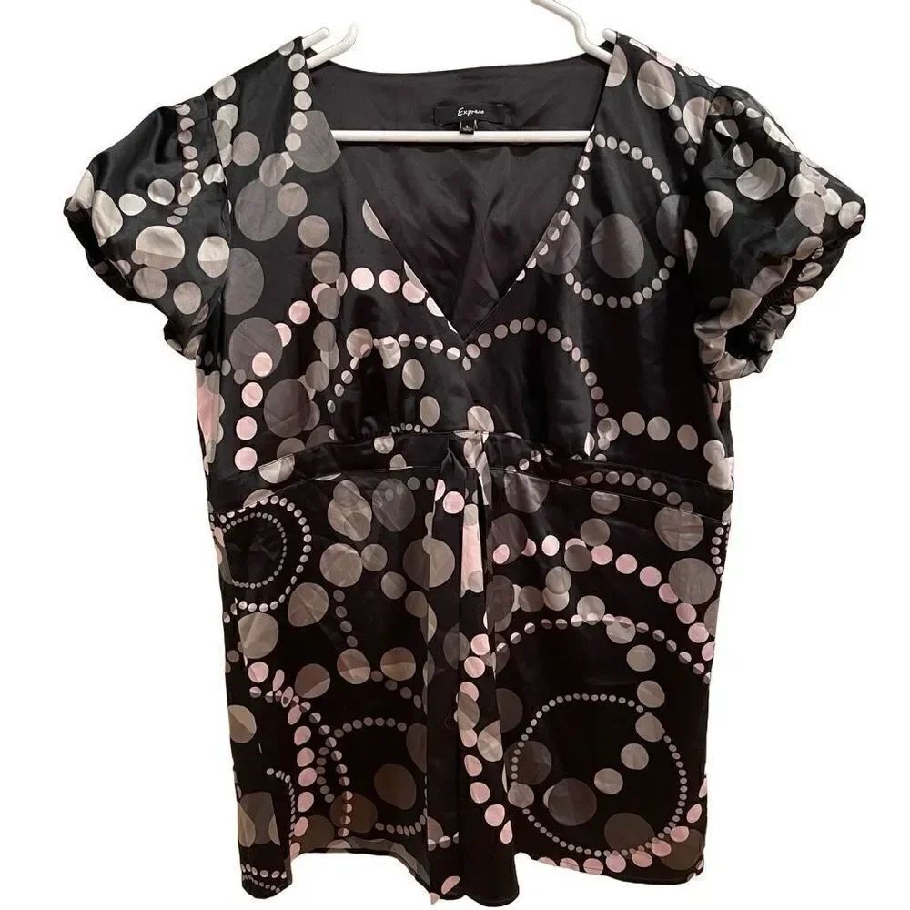 Express Top Women L Puff Sleeve Black Abstract Bubble Empire Waist Tie Workwear